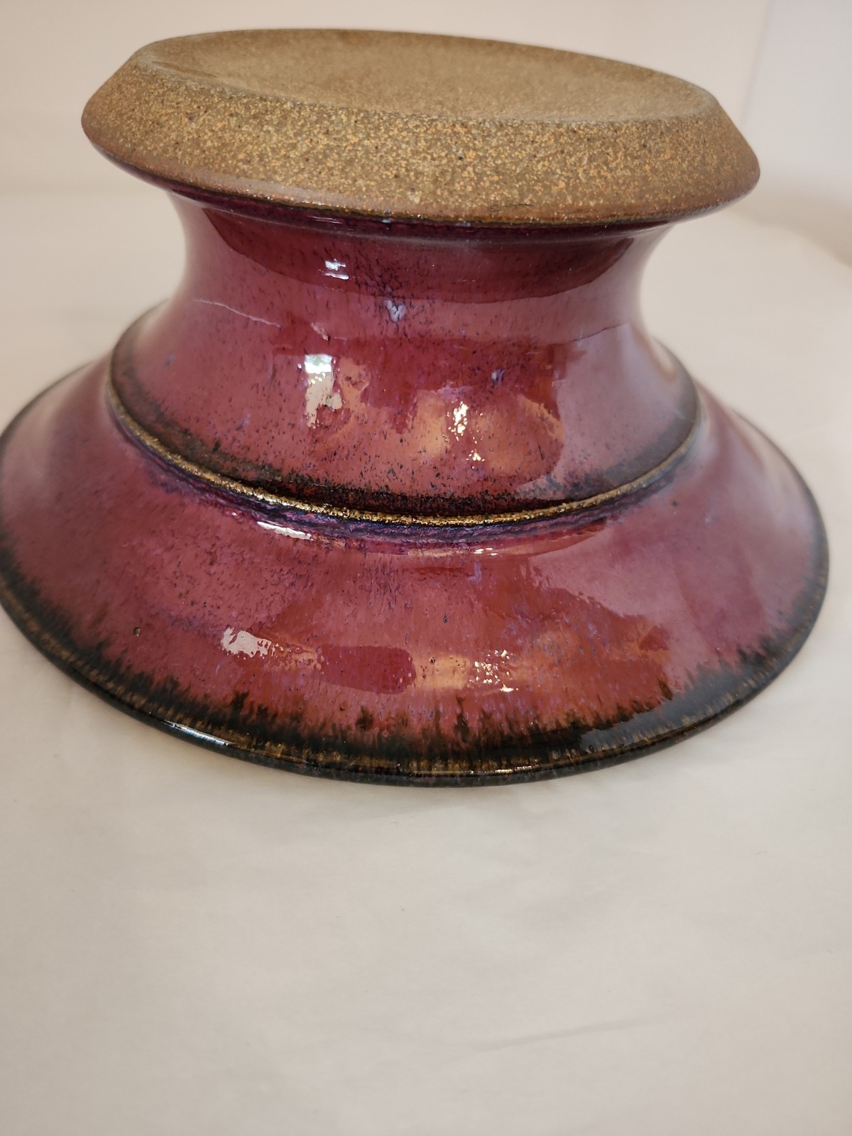 Ikebana 8.25″ Vase W Flower Frog Purples Maroon Blues Pottery Round Disc Signed