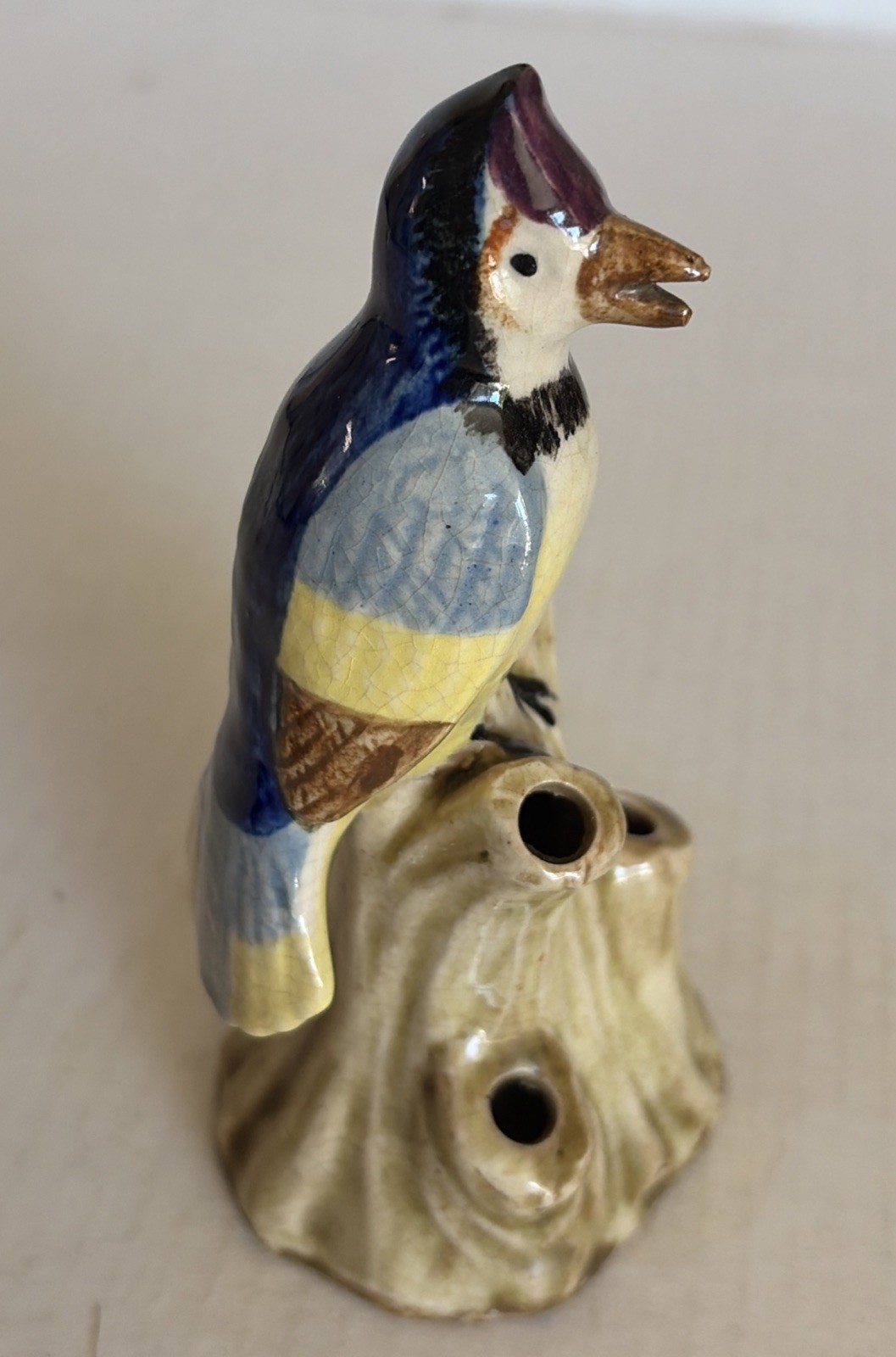 Vintage Ceramic Wood Pecker Bird Tree Stump Bud Vase Flower Frog 6.5″ Japan