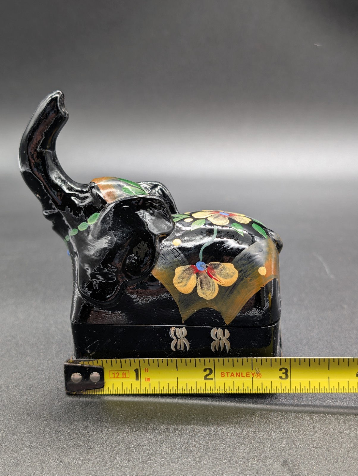 Fenton Elephant Trinket Box BLACK Glass Floral Signed A. Farley CHIPS – 2005