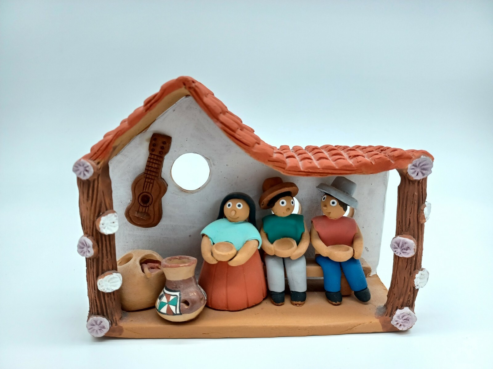 Vtg Peruvia Red Clay Art, Guitar, Man Woman Home Pottery Decor Stamped 5″