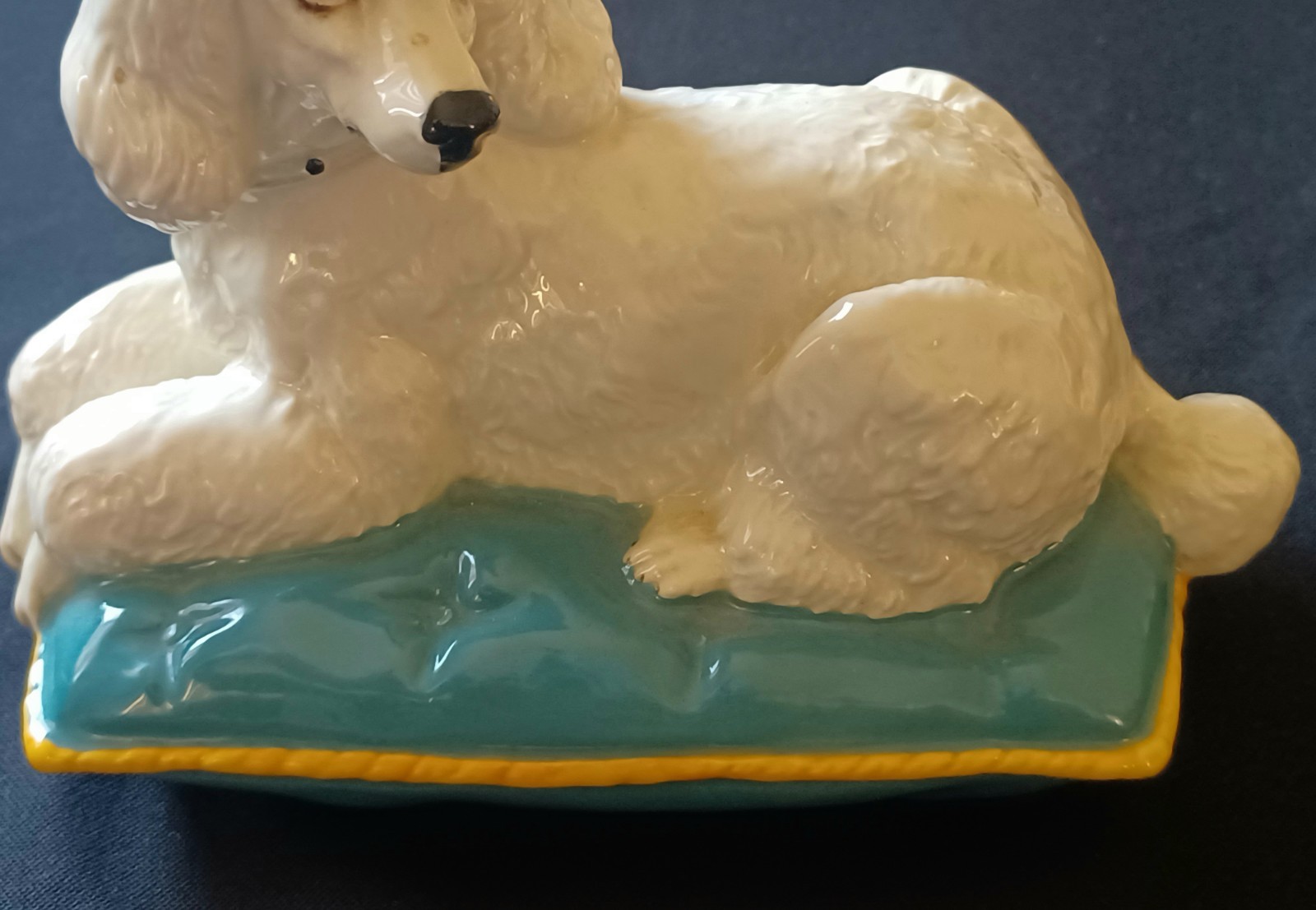 Vintage 1980s Royal Doulton Beswick White Poodle On Blue Cushion Dog Figurine