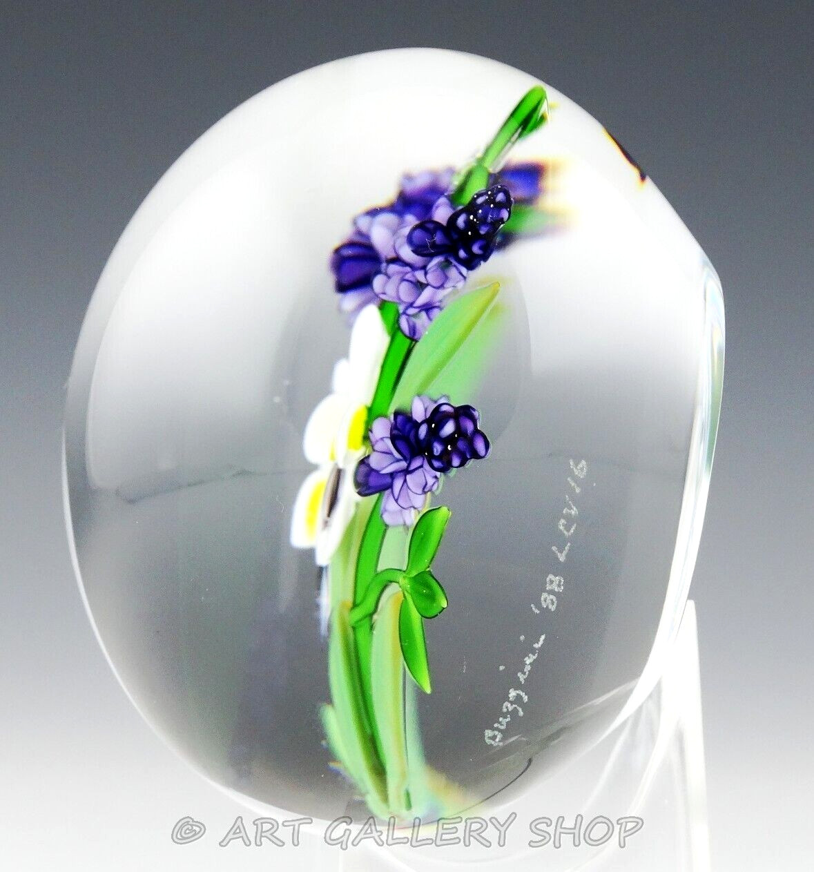 1988 CHRIS BUZZINI 3-1/8″ Art Glass Paperweight CANADA VIOLETS & LILACS FLOWERS