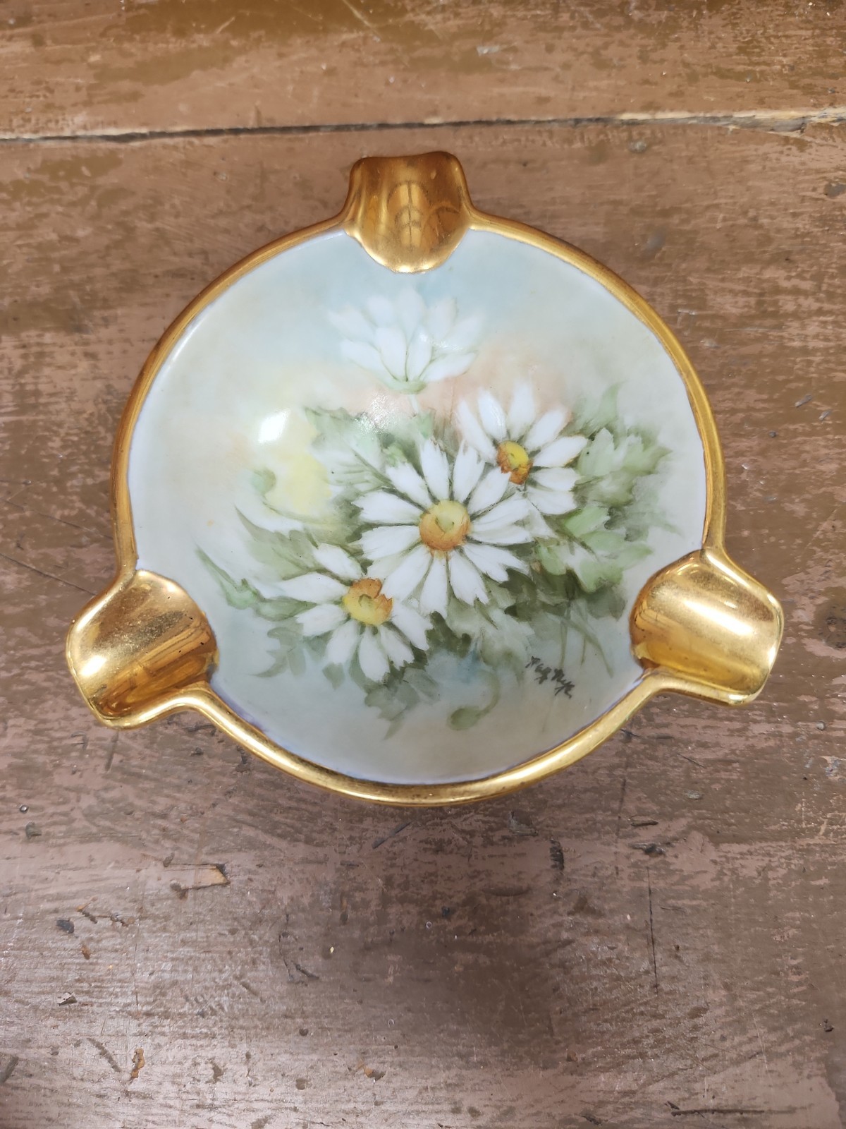 Vintage Dairy Floral Gold Gilding Porcelain Hand-Painted Ashtray Artist Peg Nye