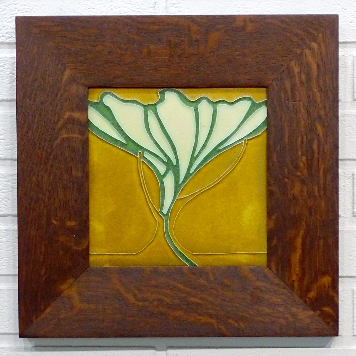 STUNNING! MOTAWI TILEWORKS Nouveau ARTS CRAFTS Oak Framed GINKGO Pottery Tile