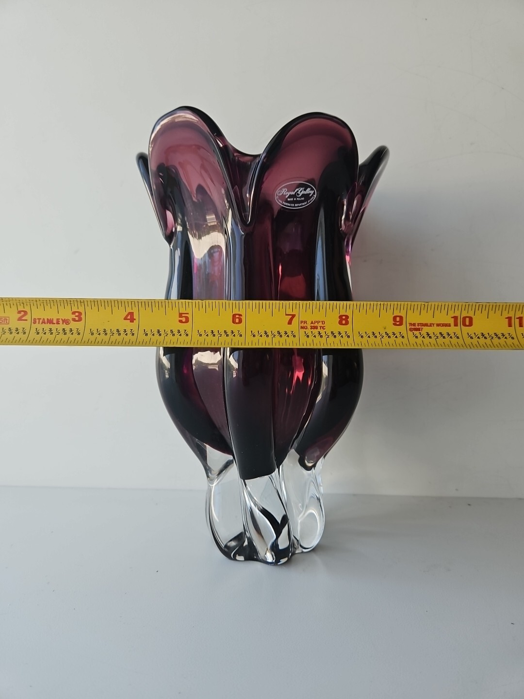 Vintage Art Glass Vase Royal Gallery Murano Purple Glass, Made In Poland, 9.25″