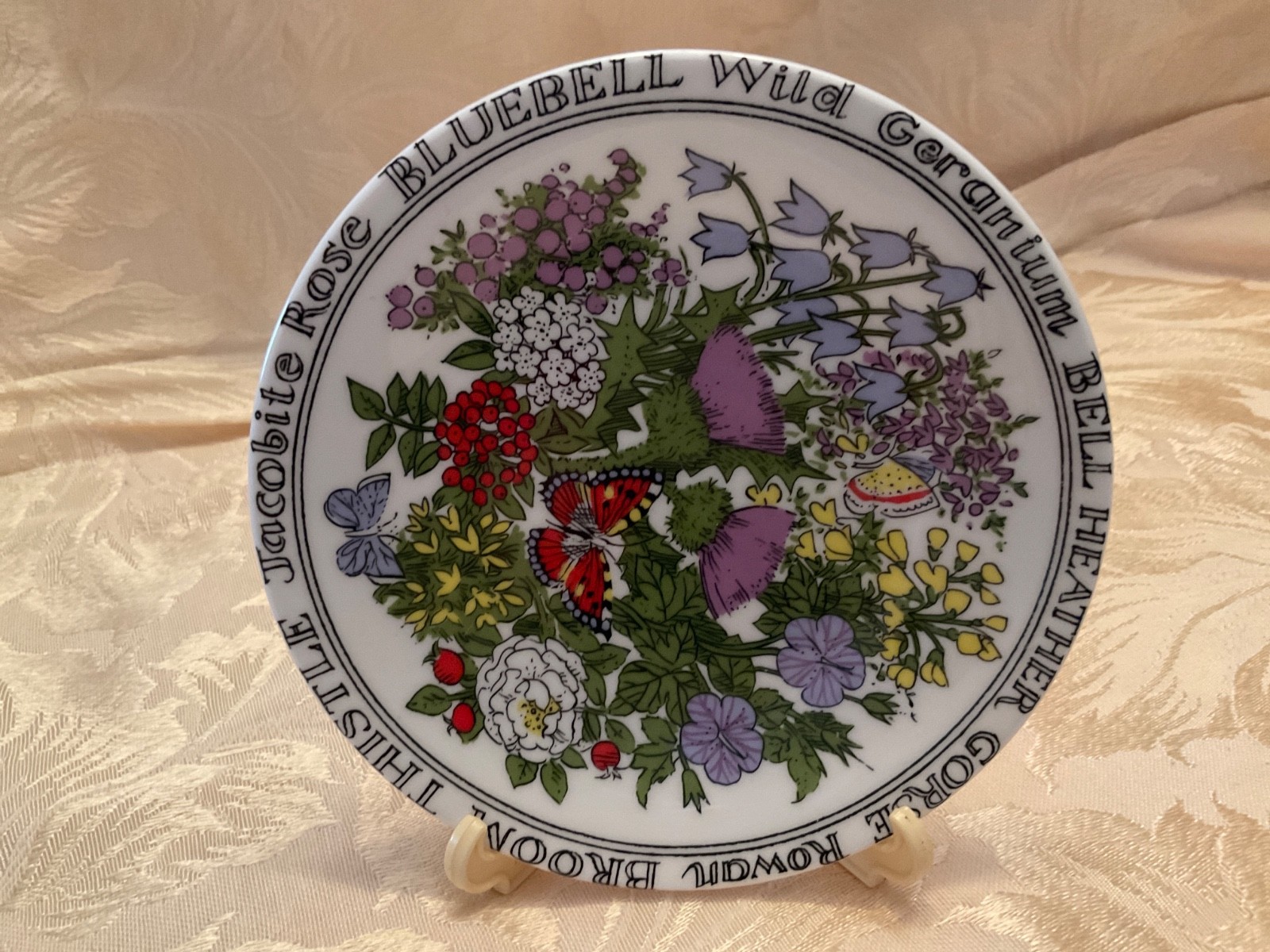 Vintage Floral Blue Purple Red miniature Plate 4.5” with bonus stand Scotland