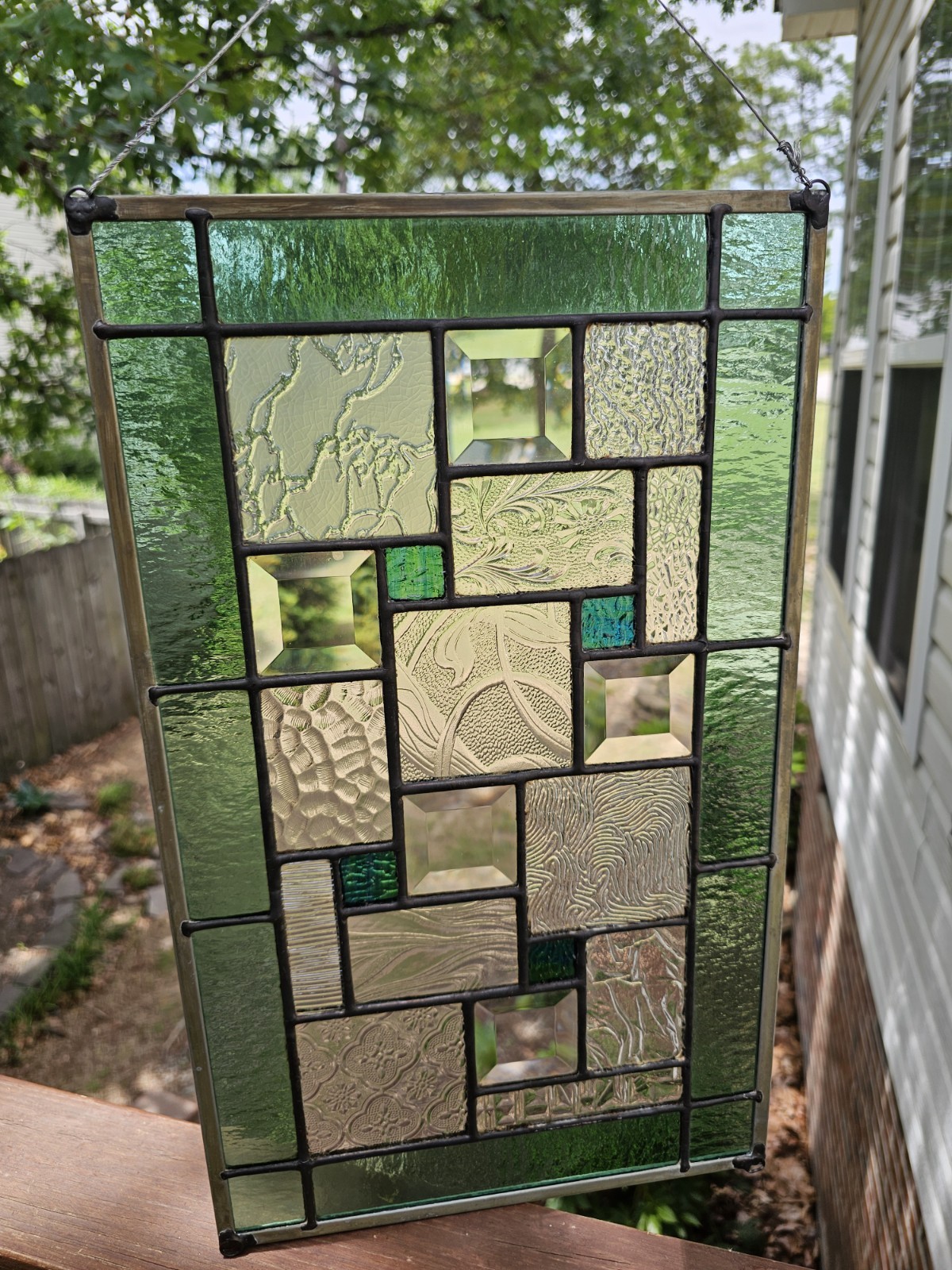 Handmade Stained Glass Panel Sun Catcher Hanging Green Clear Vintage Rectangle