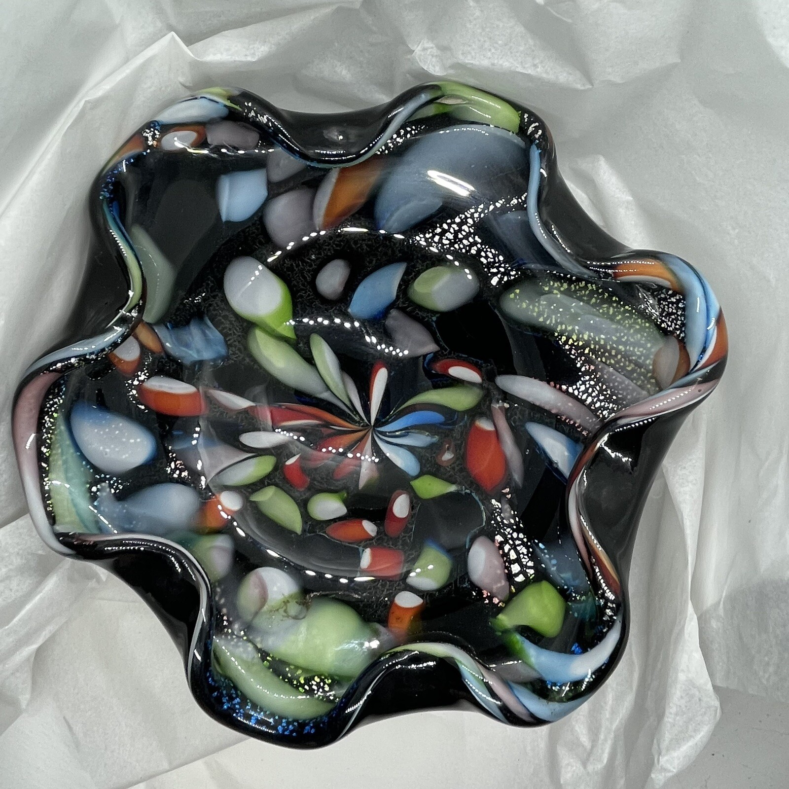 Murano Dino Martens Tutti Frutti Millefiori Cased Glass Ruffled Bowl Metal Flake