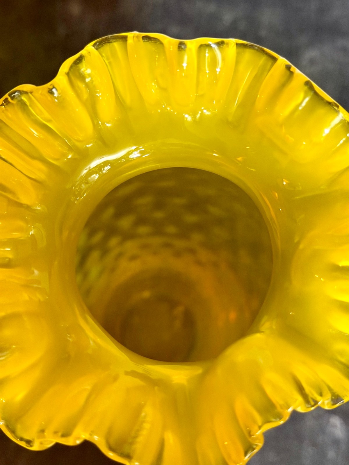 VGC Vintage Empoli Yellow Blown Glass Vase with a Ruffled Rim