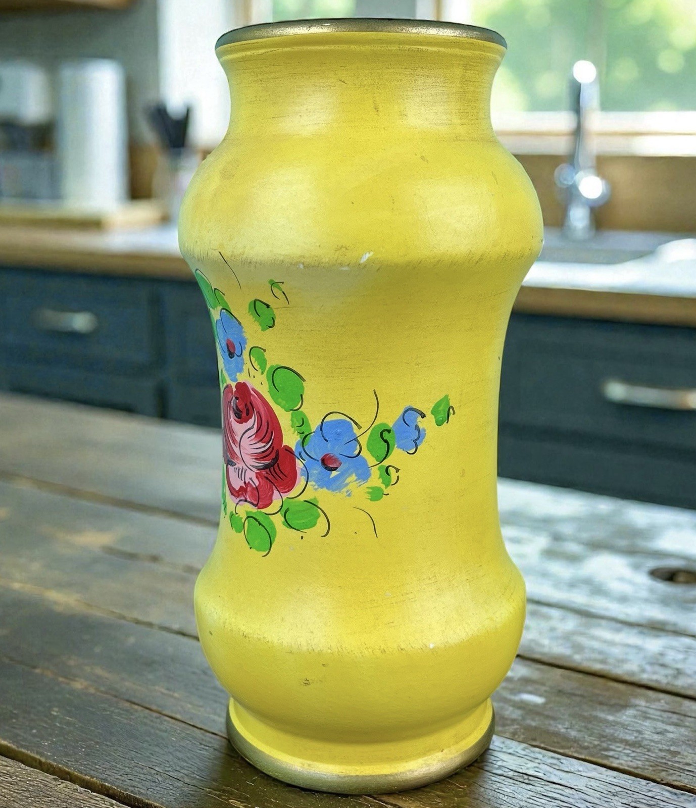 Italian Art Pottery Vase Hand Painted Yellow Floral Gold Matte Mid Century