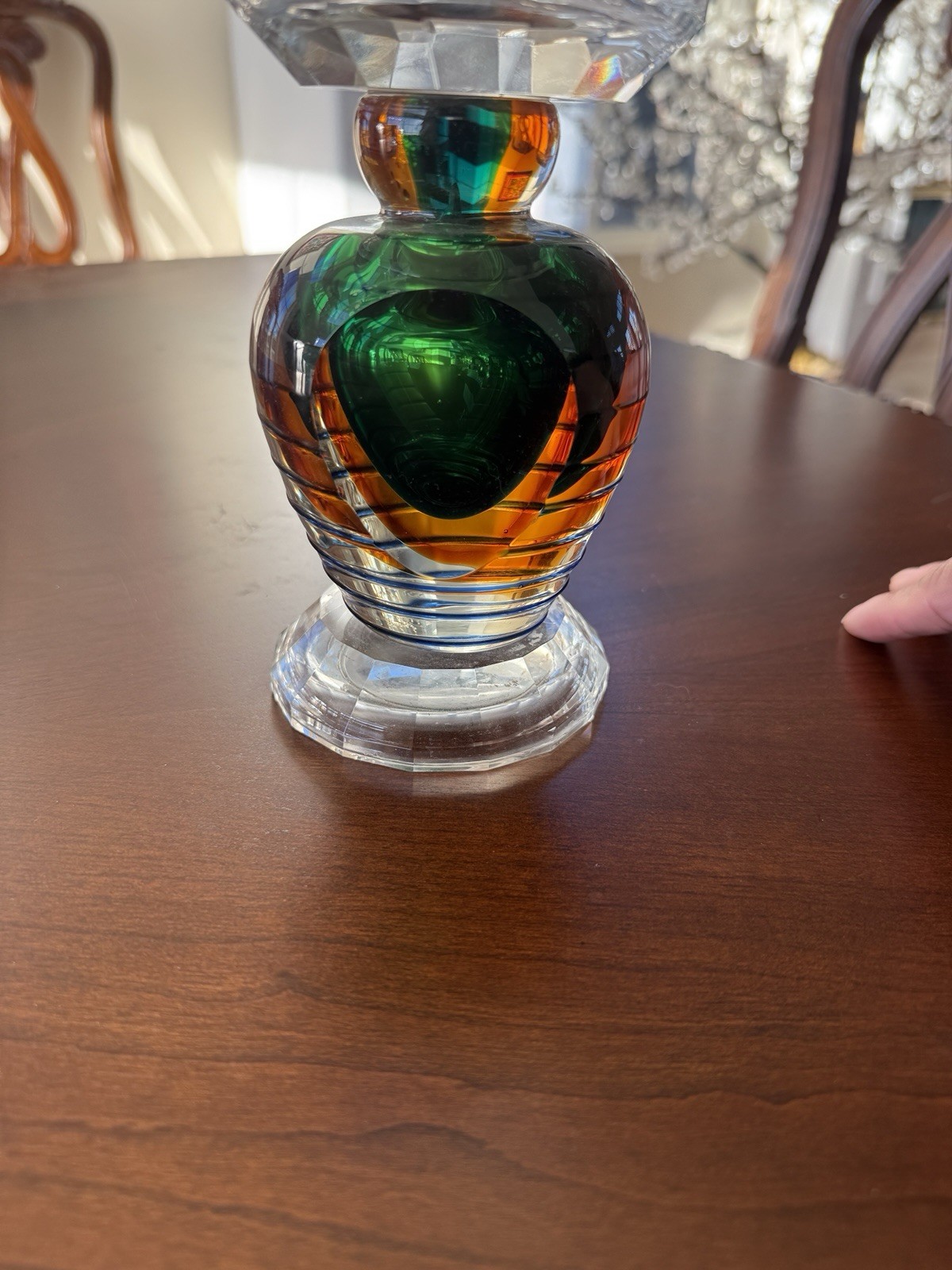 Fifth Avenue Crystal Faceted Clear, Green and Orange Art Glass Candle Holder