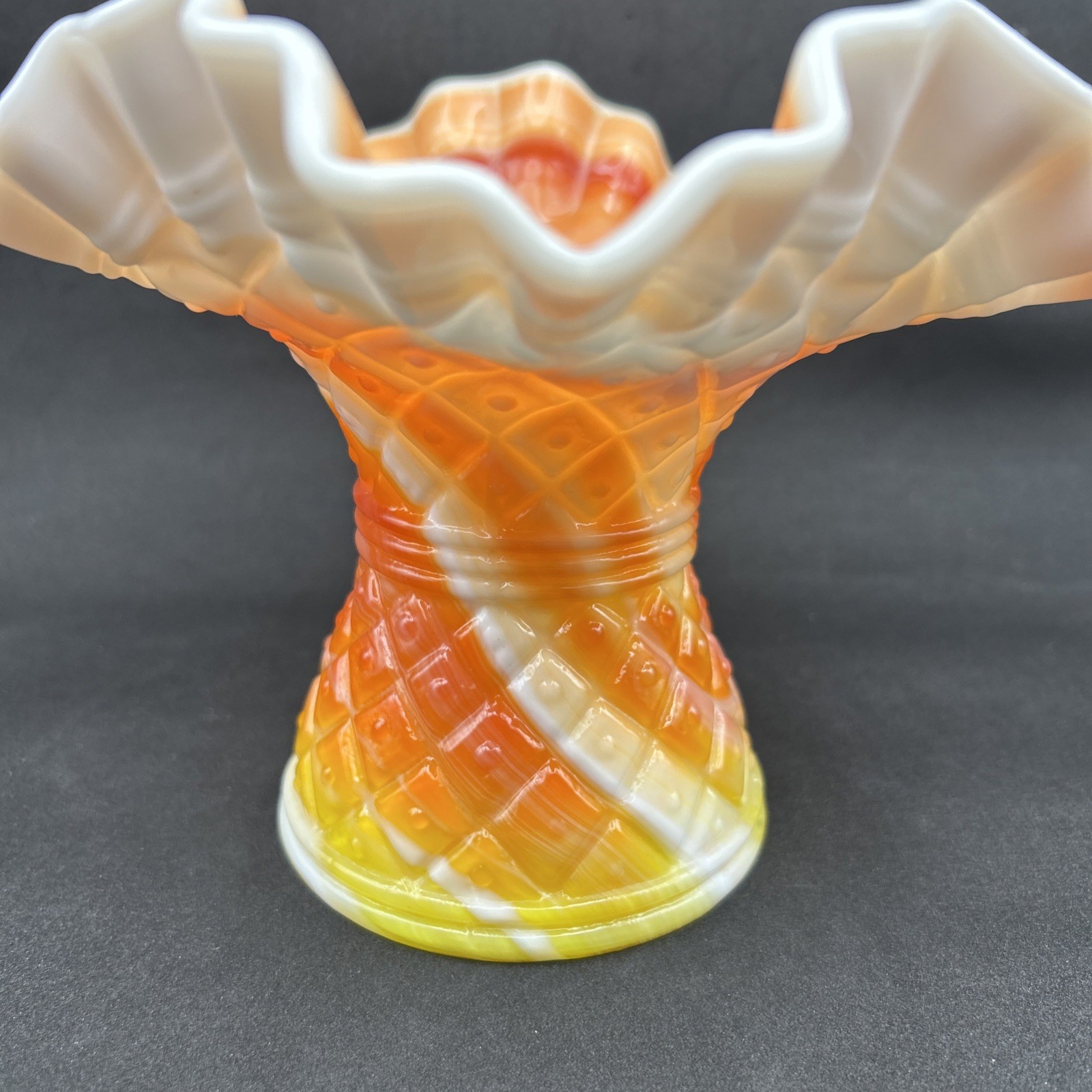 Vintage Kanawha Glass Ruffled Diamond Dot Red Orange White Slag Corset Vase