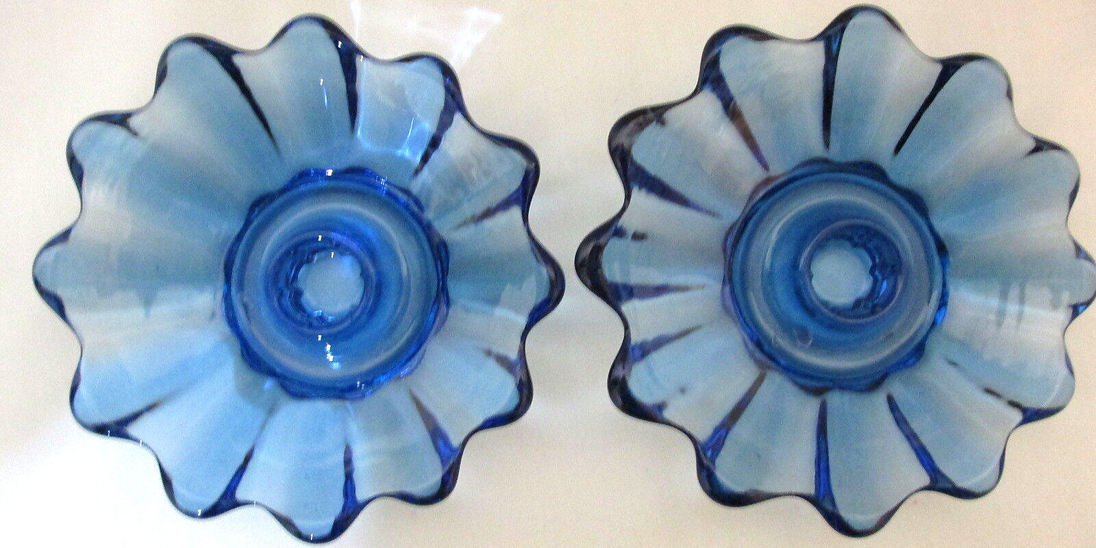Vintage Federal Glass Candle Holders PAIR Celestial Ribbed Blue 5 3/8″ D