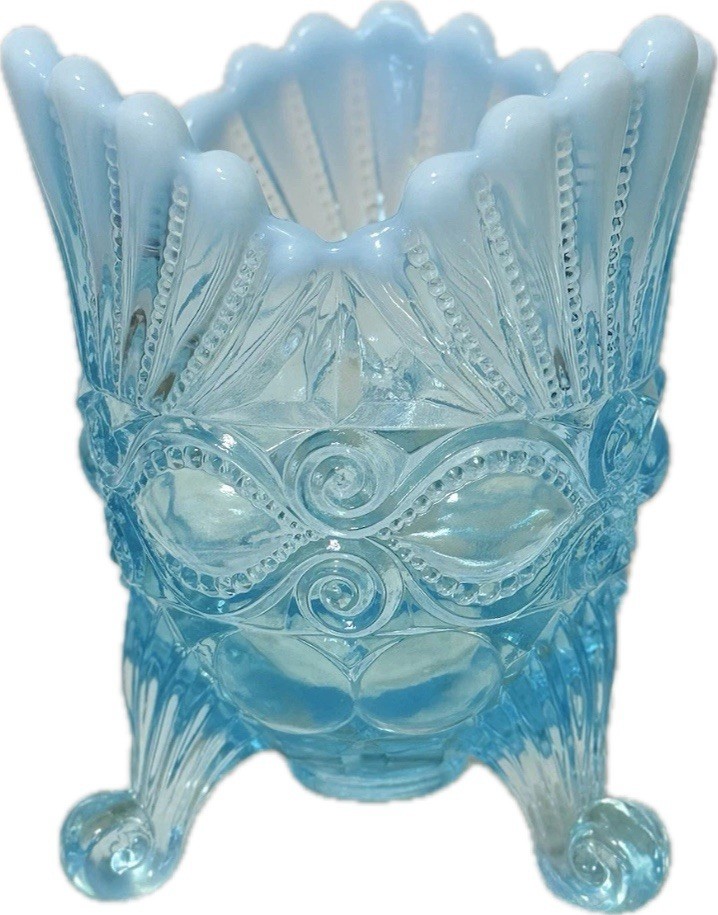 Mosser Glass Aqua Blue Opalescent Footed Eye Winker Spooner Vase Candy Dish