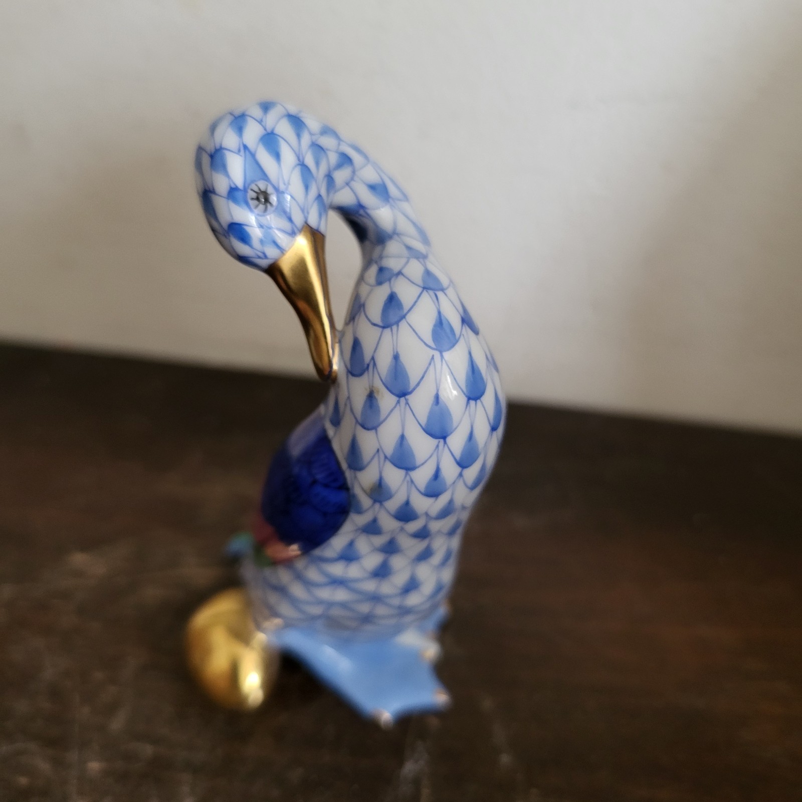 Vintage Herend Hungary Porcelain Fishnet Figurine Goose With Golden Egg Blue