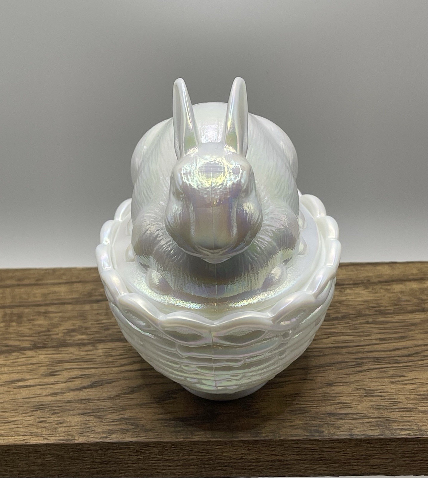 Mosser Milk Glass Carnival Bunny on Nest Covered Dish White Iridescent Rabbit