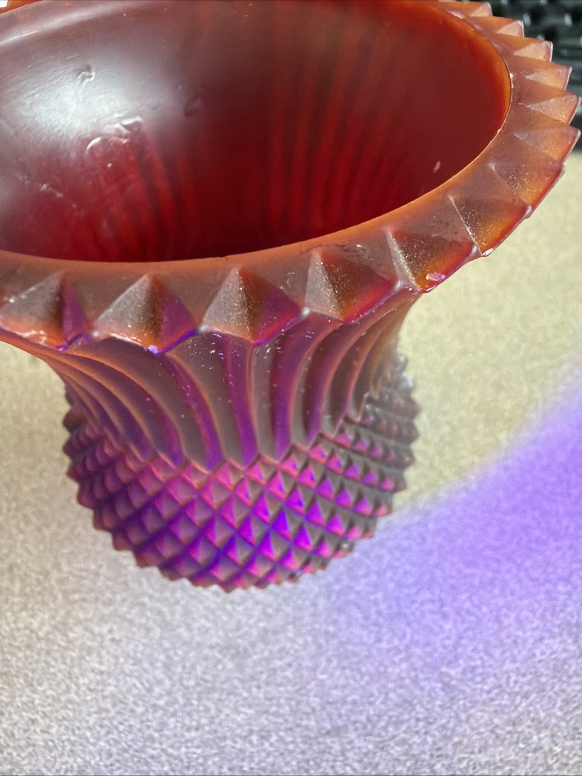 Vintage Faroy Red Glass Diamond Point Votive Candle Holder glows Like Uranium!