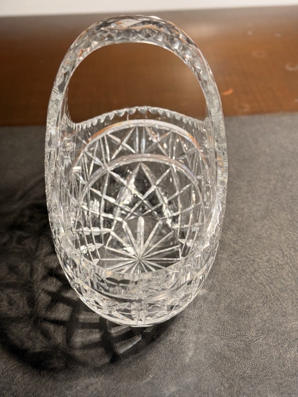 Vintage Heavy Cut CRYSTAL BASKET w/ Handle & Etched Stars, 3.75” tall