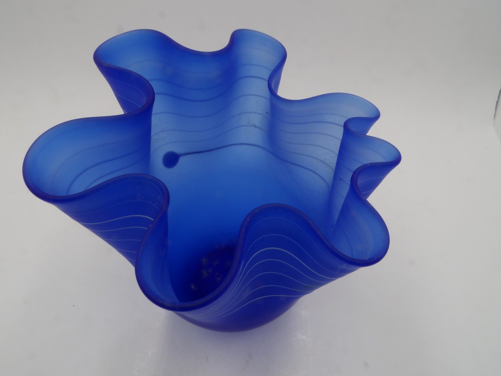 Handblown Glass Handkerchief Vase Blue with White Stripes