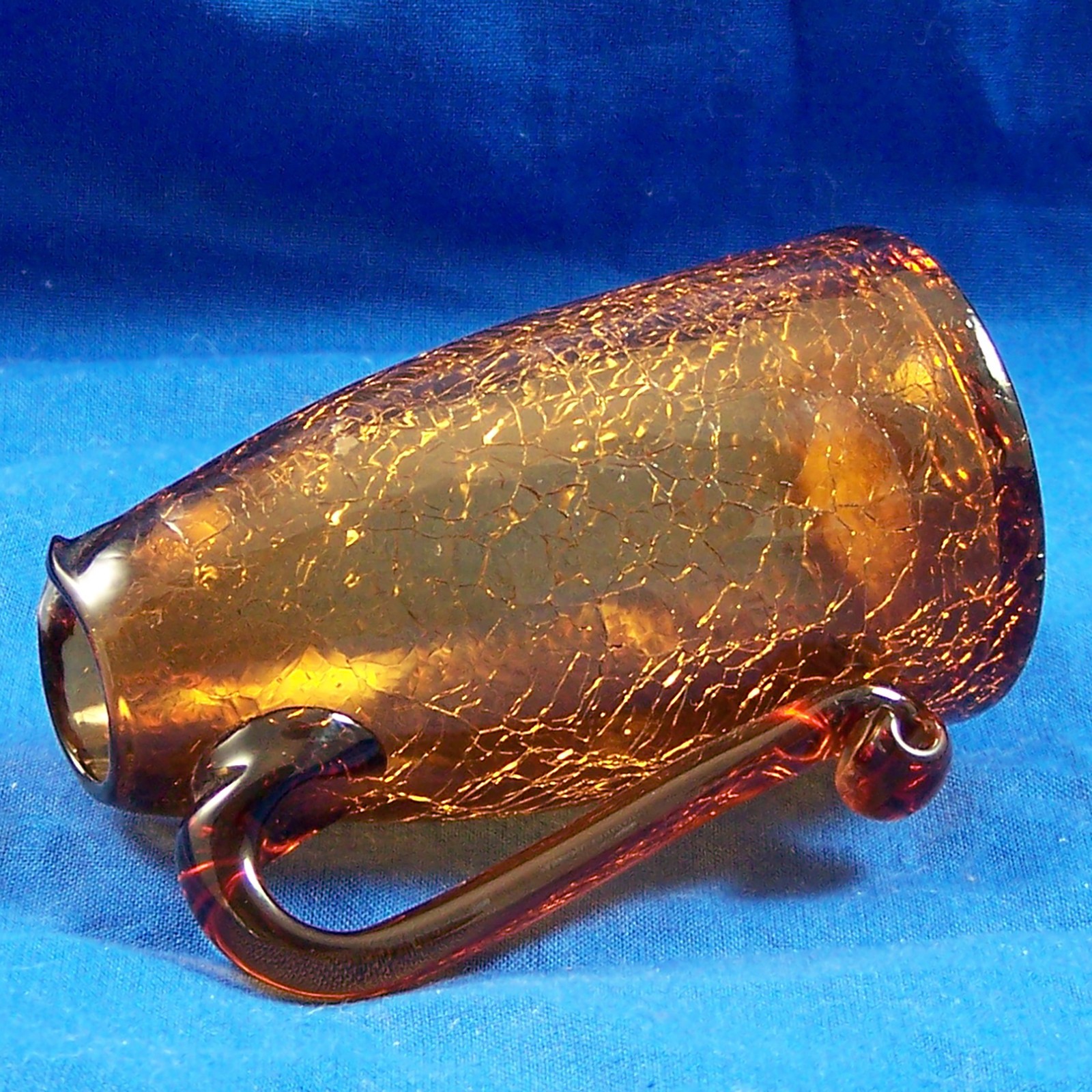 Vintage Small Blown Brown Crackle Glass Bud Vase Jug With Handle 4″ Inches Tall
