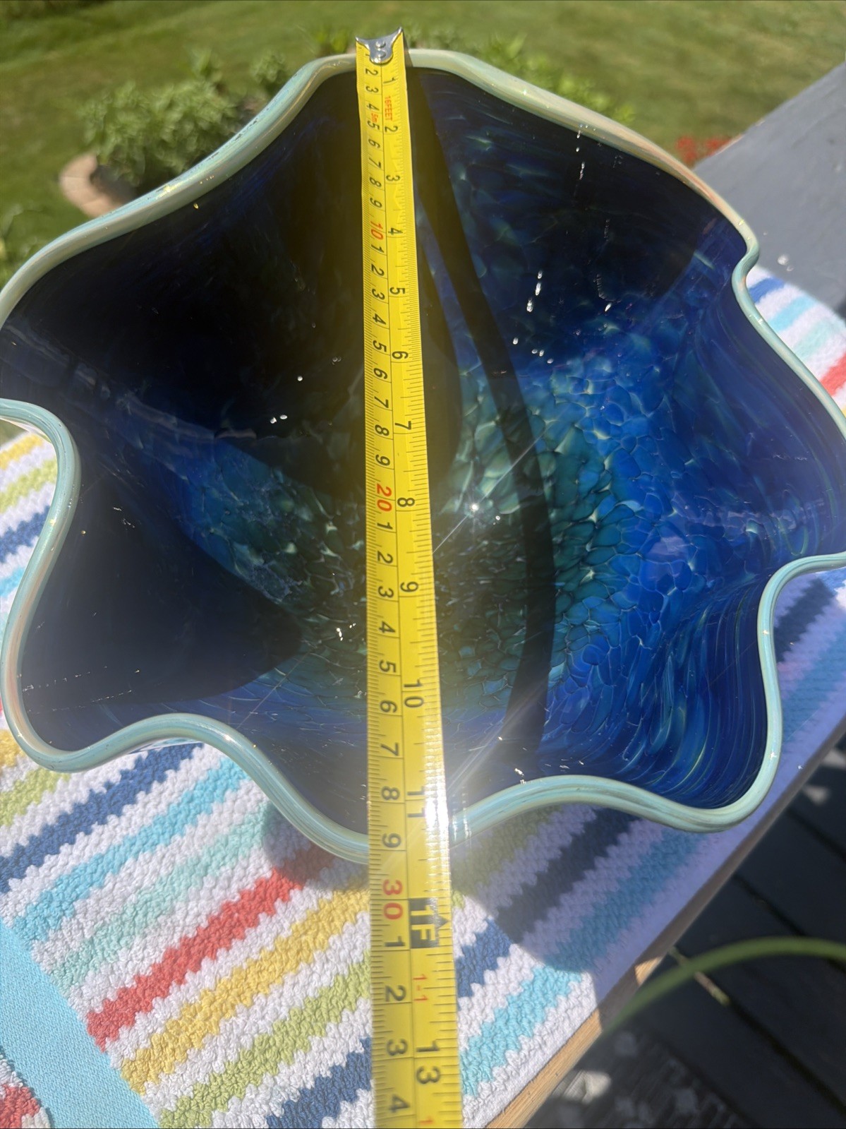 12” Large Possible Robert Eickholt Agate Glass Handkerchief Vase Bowl Ocean Blue