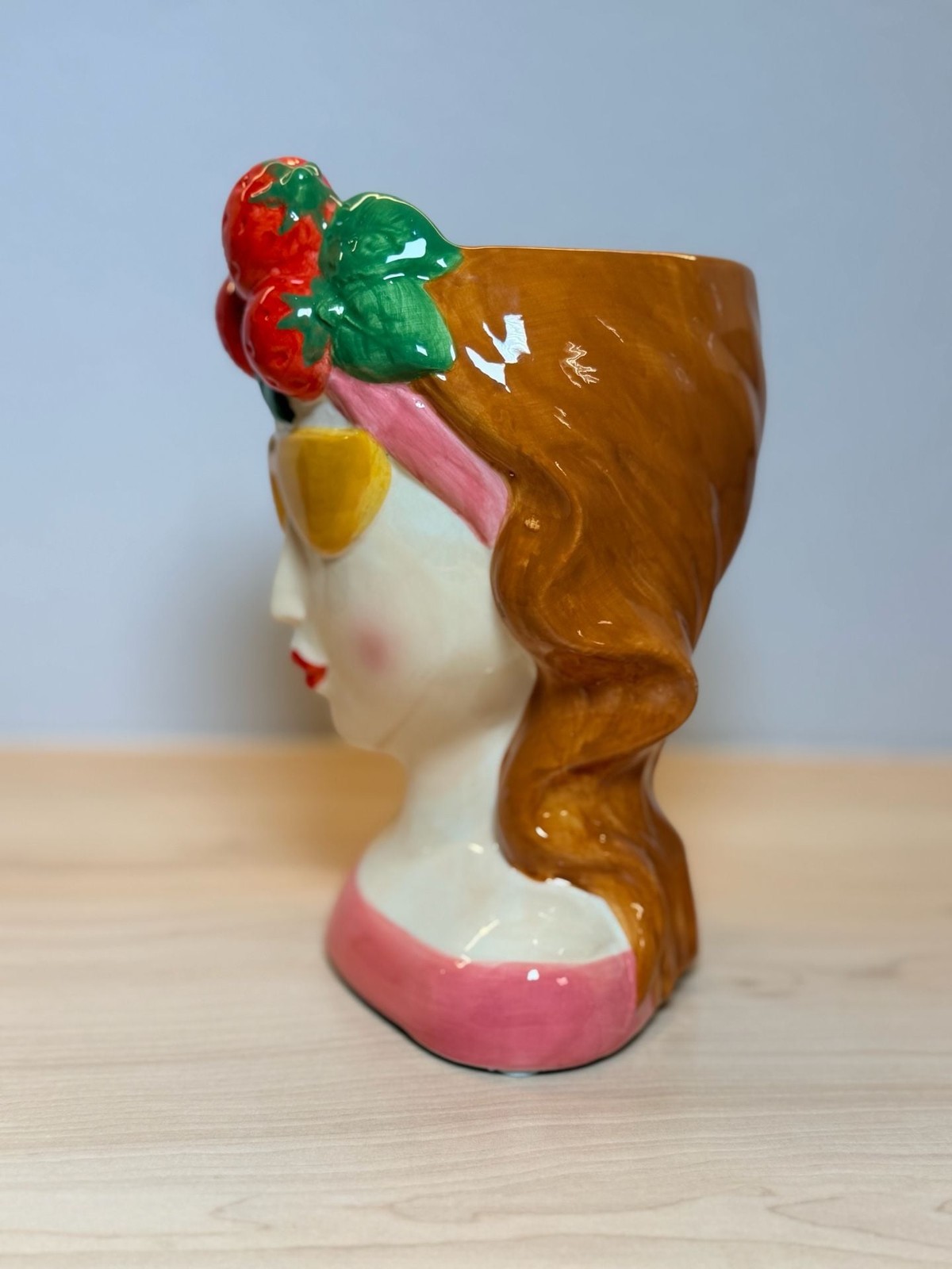 Strawberry Lady Head Ceramic Vase with Yellow Sunglasses