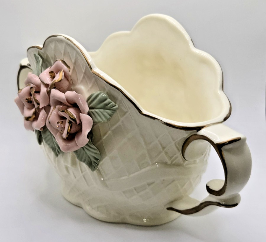 Ceramic Basket Vase Planter Raised Roses Scalloped Rim Diamond Design w/ Handles