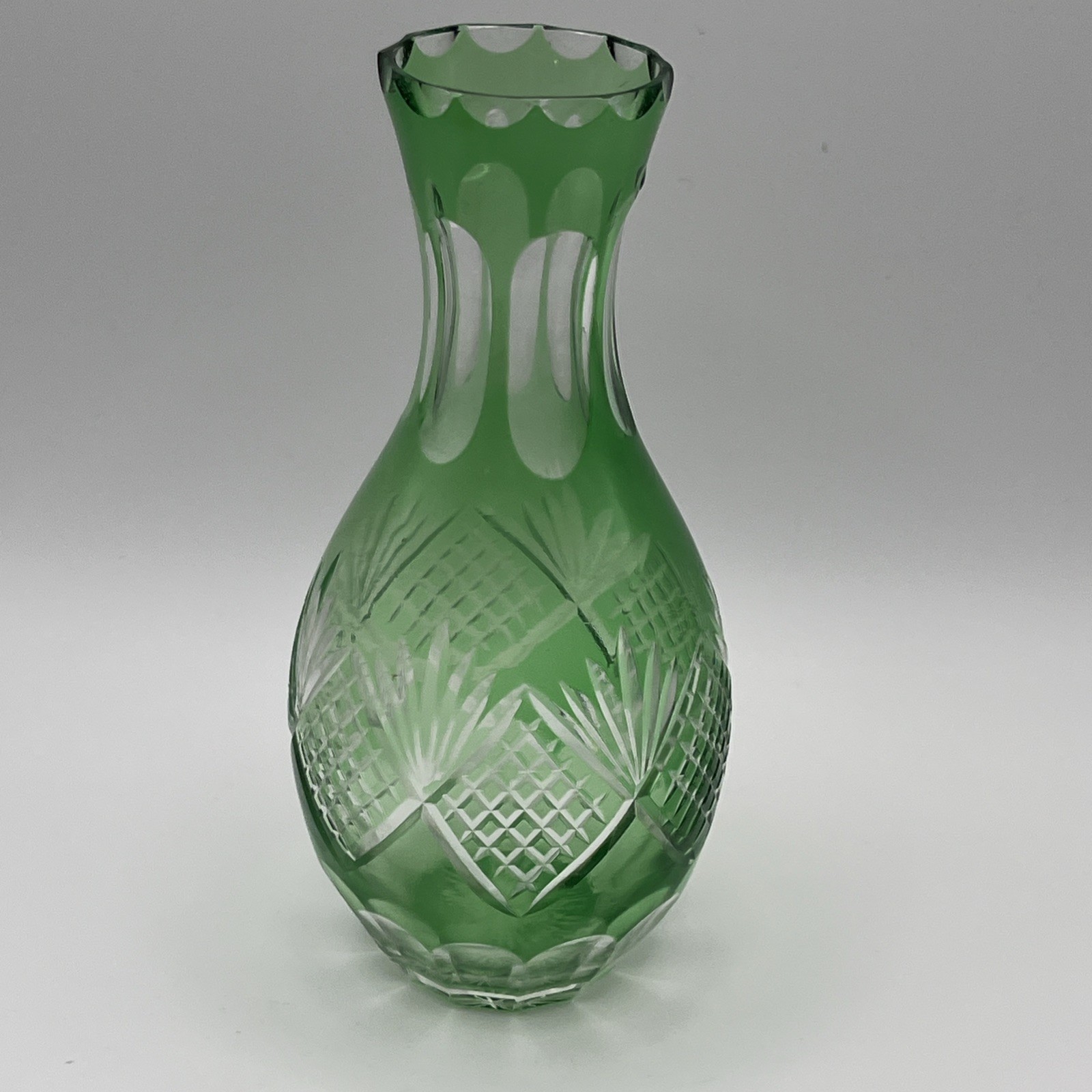 Vintage Light Green Cut to Clear Crystal Vase 6” Bohemian Chartreuse Lime