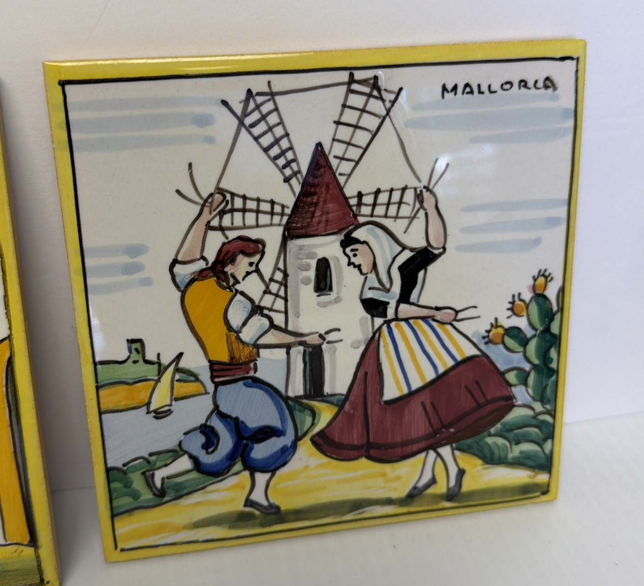 Pair of Vintage Mallorca Spain Hand-Painted Spanish Ceramic Tiles Trivet 6×6