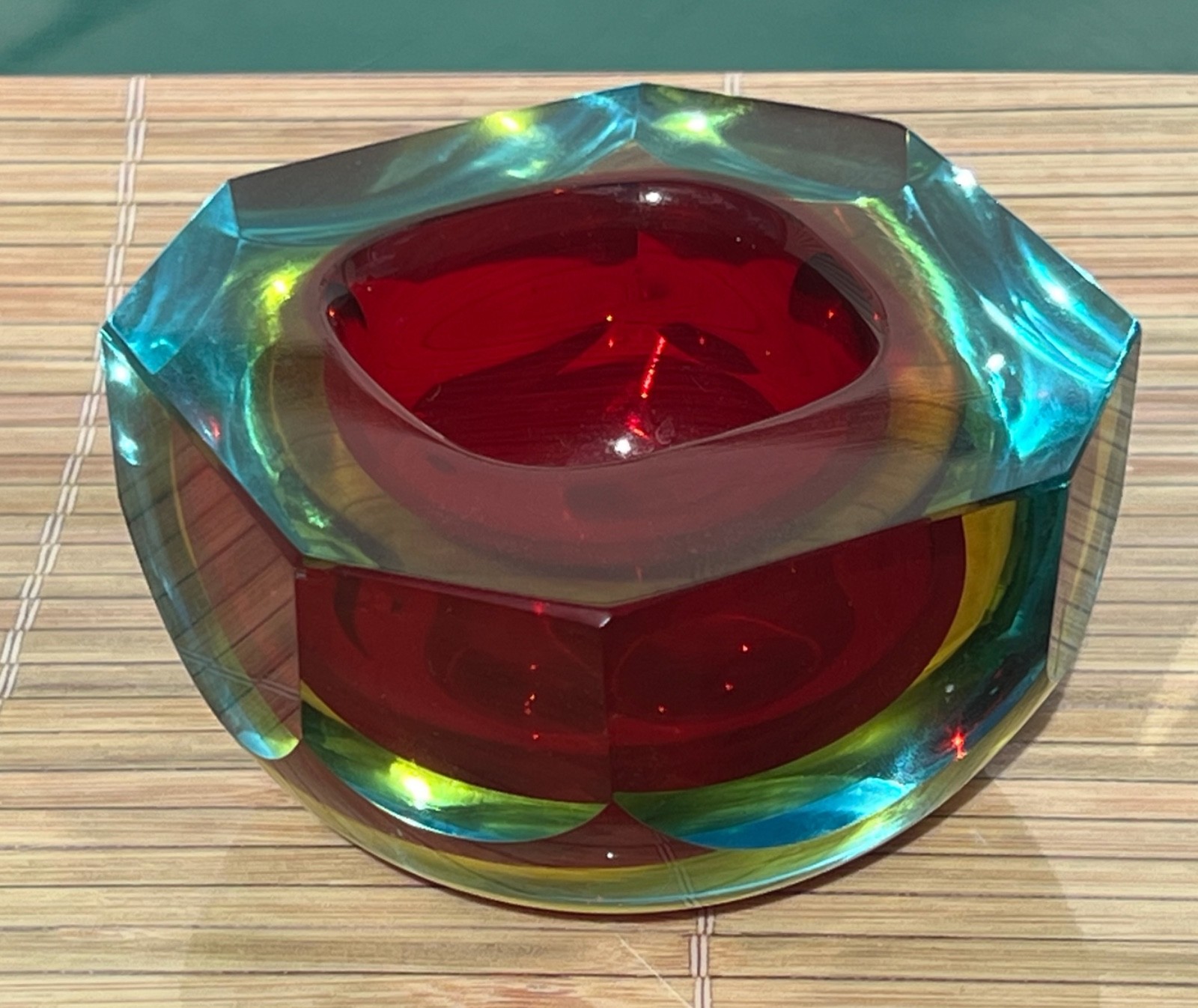 VINTAGE Faceted Red Murano Diamond Cut Glass Bowl