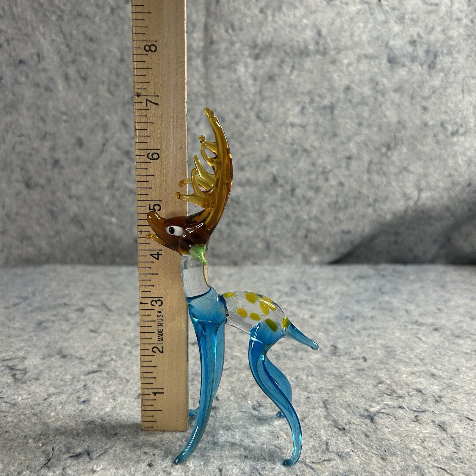 Hand Blown Art Glass Deer Figurine Blue Amber Spotted Vintage Style