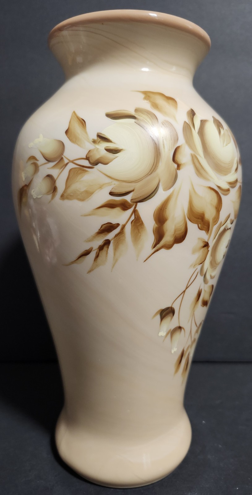 Fenton Chocolate Glass Vase NFGCA Hand Painted Roses By JK Spindler PLEASE READ