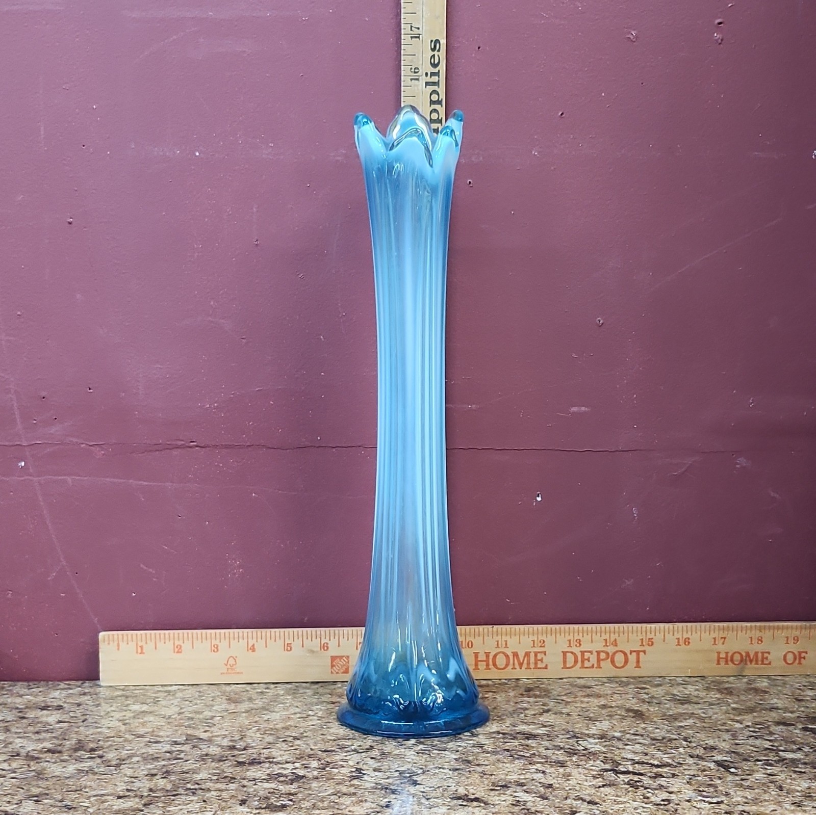 Fenton Art Glass Ruffled Blue & White Glossy Stretch Swung Vase, 15 In