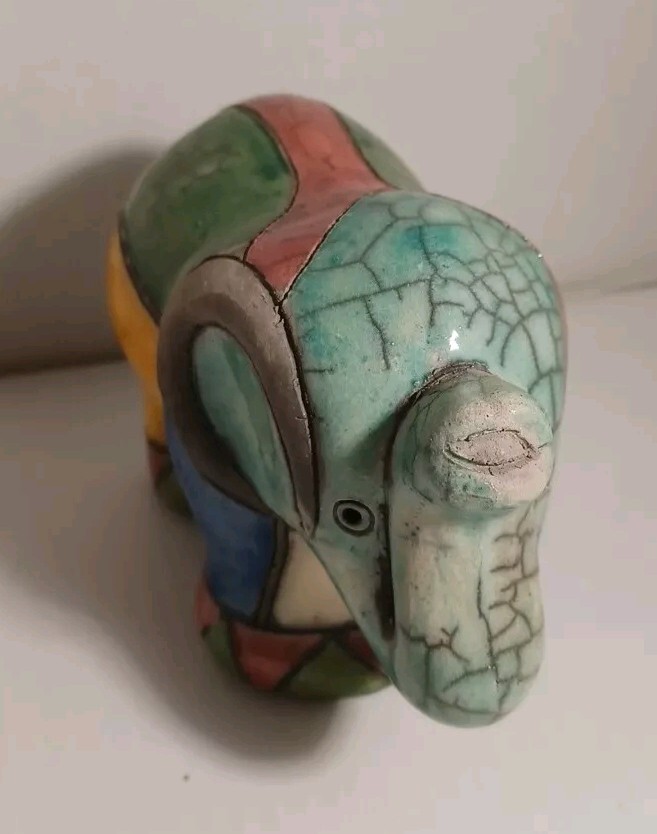 Raku Pottery Elephant Sculpture South Africa Bright Colors Trunk Up Good Luck