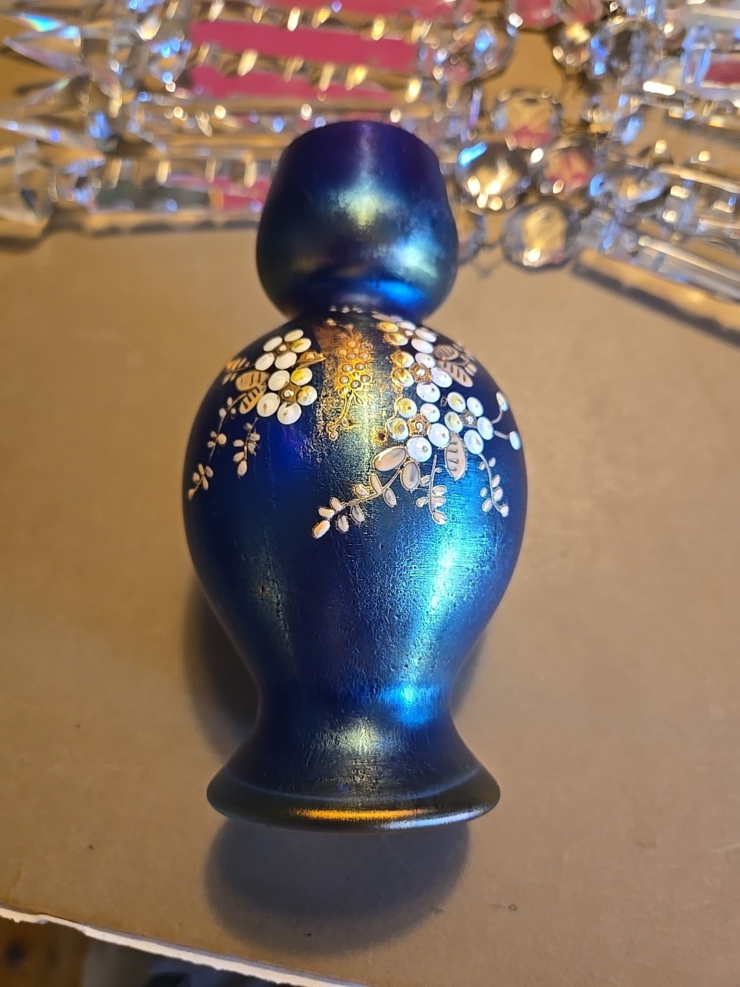 Vintage LOETZ ? Bohemian Blue Aurene Art Glass Iridescent Vase Floral Decor