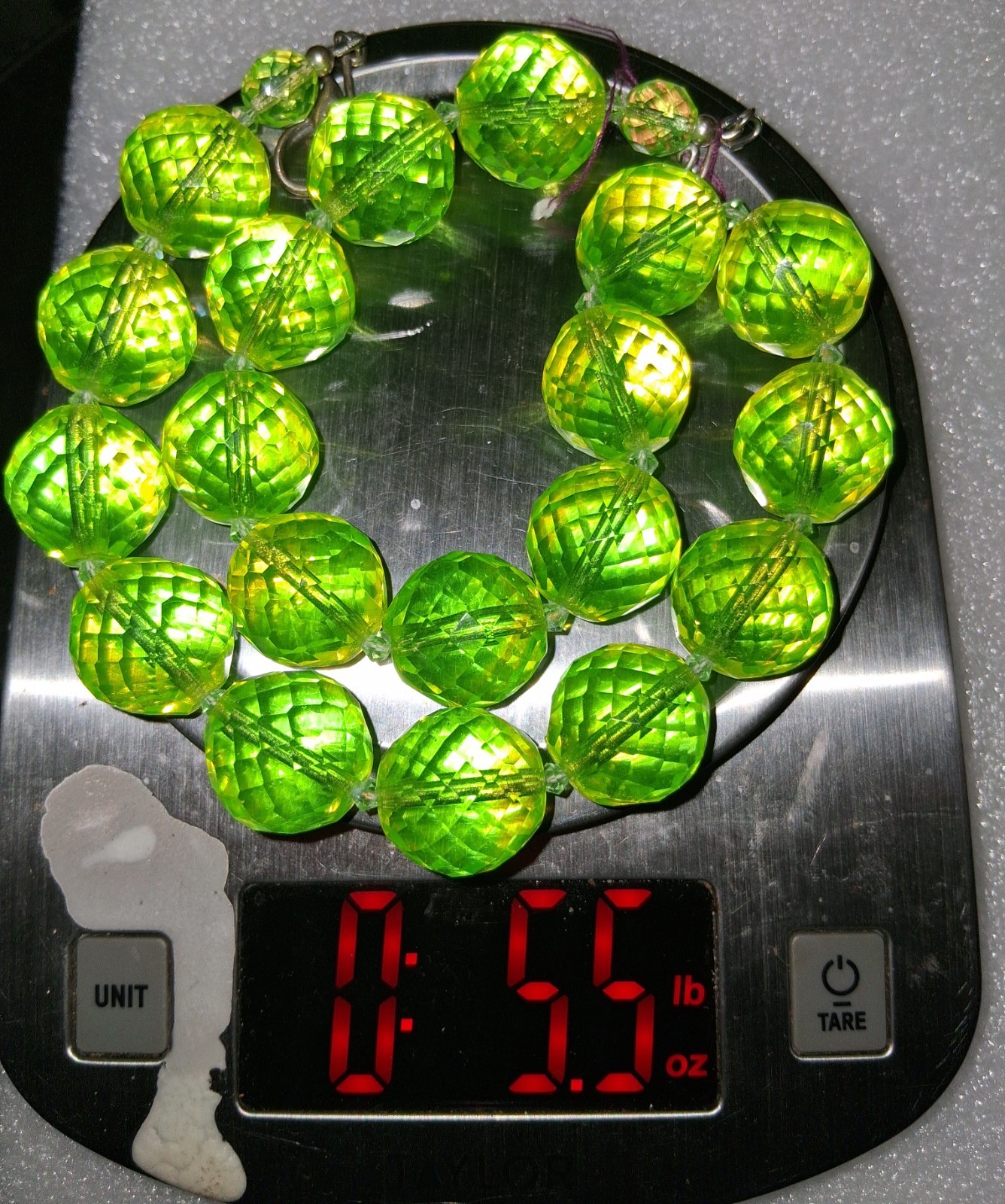 Rare Chartreuse Lemon/lime Yellow &Green Vaseline Glass Necklace 21′ 925 Clasp