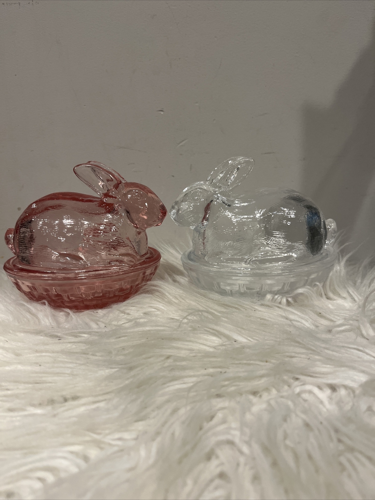 (2) Vintage Small Bunny Rabbits on Baskets – 1 Pink Glass & 1 Clear Glass 4.5”