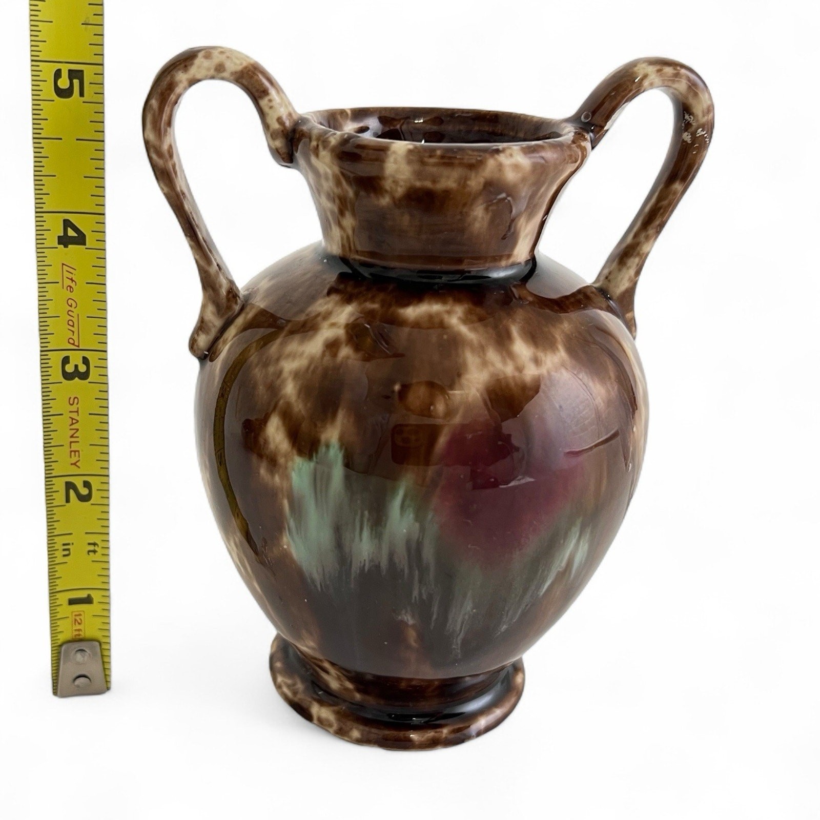 Art Pottery Drip Glaze Decorative Ceramic Vase MCM Double Handle 5″ Vintage