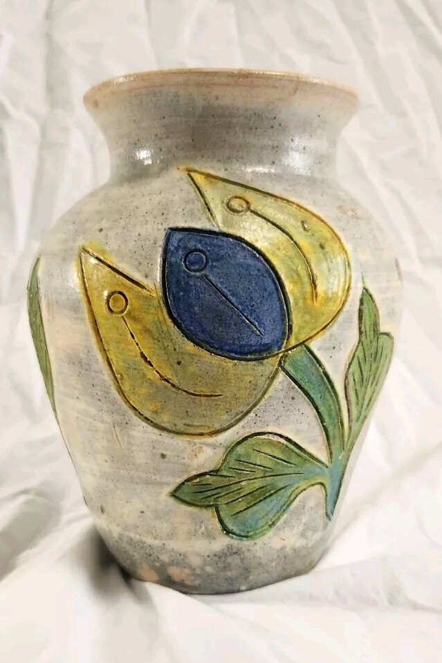 Vintage Dolores Porras Mexico Folk Art Terracotta Pottery Vase Flower Motif