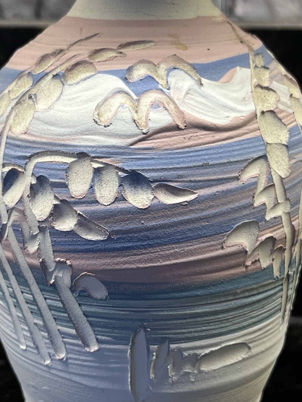 Studio Pottery Beach Vase Signed Ocean Carved Pink Blue Sunset 5×3