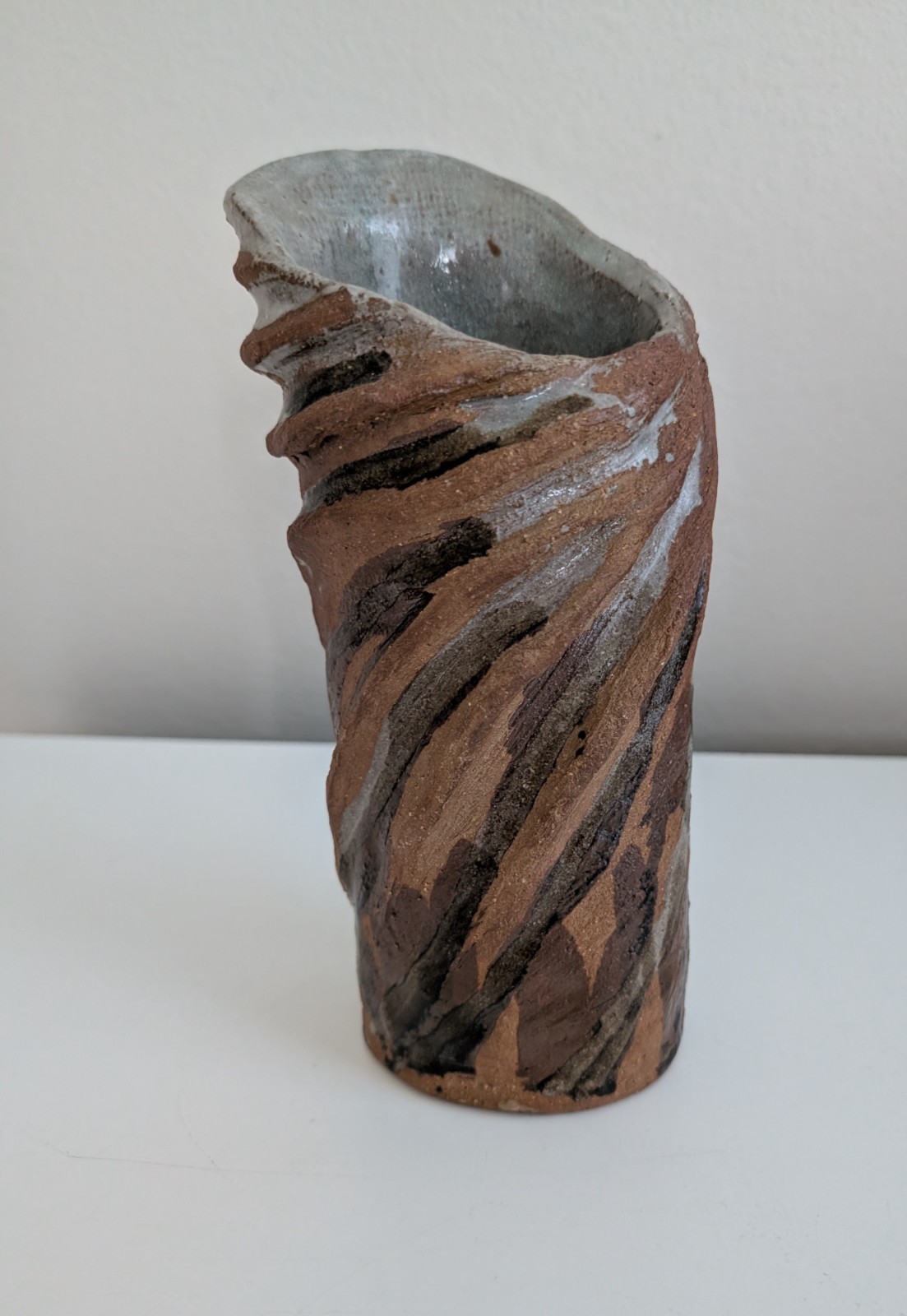 Art pottery vase textured wabi-sabi twisted coils rustic primitive brown grey