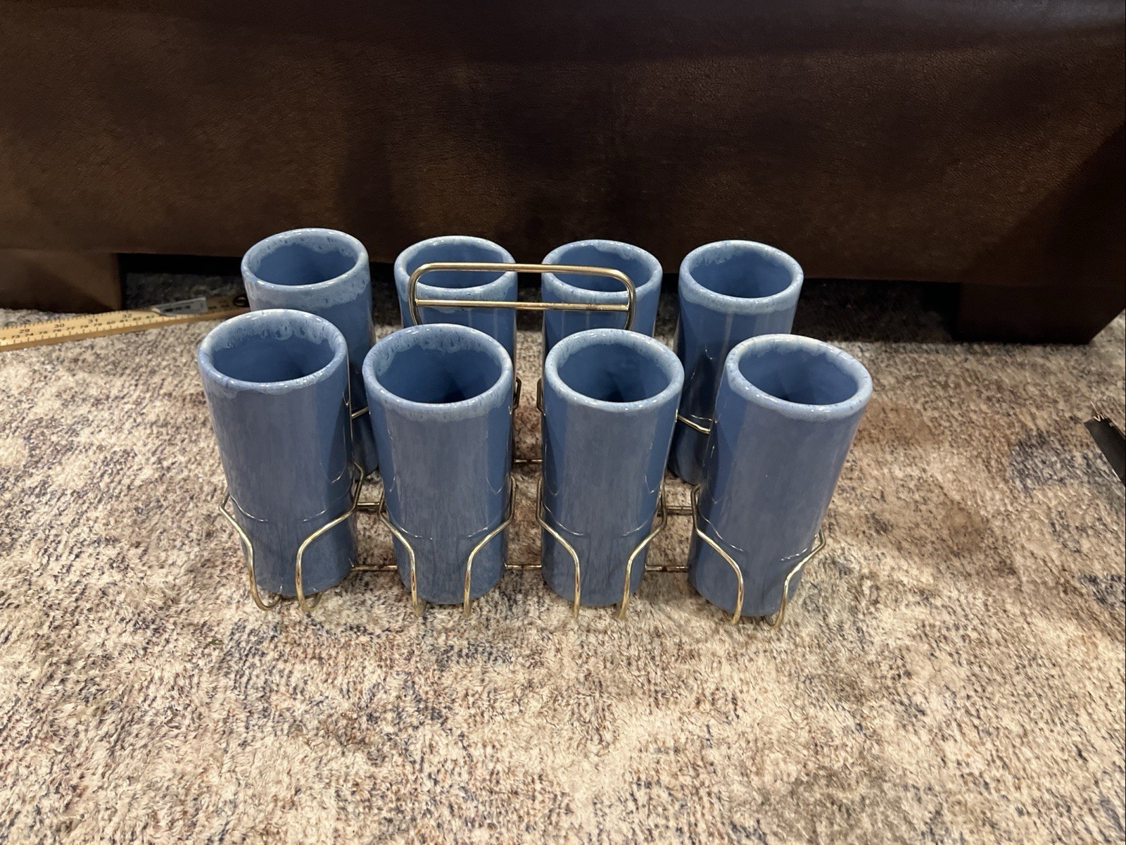 Vintage Anna Van Briggle Blue Drip Glaze Tumblers Pottery 8 Pieces Gold Holder