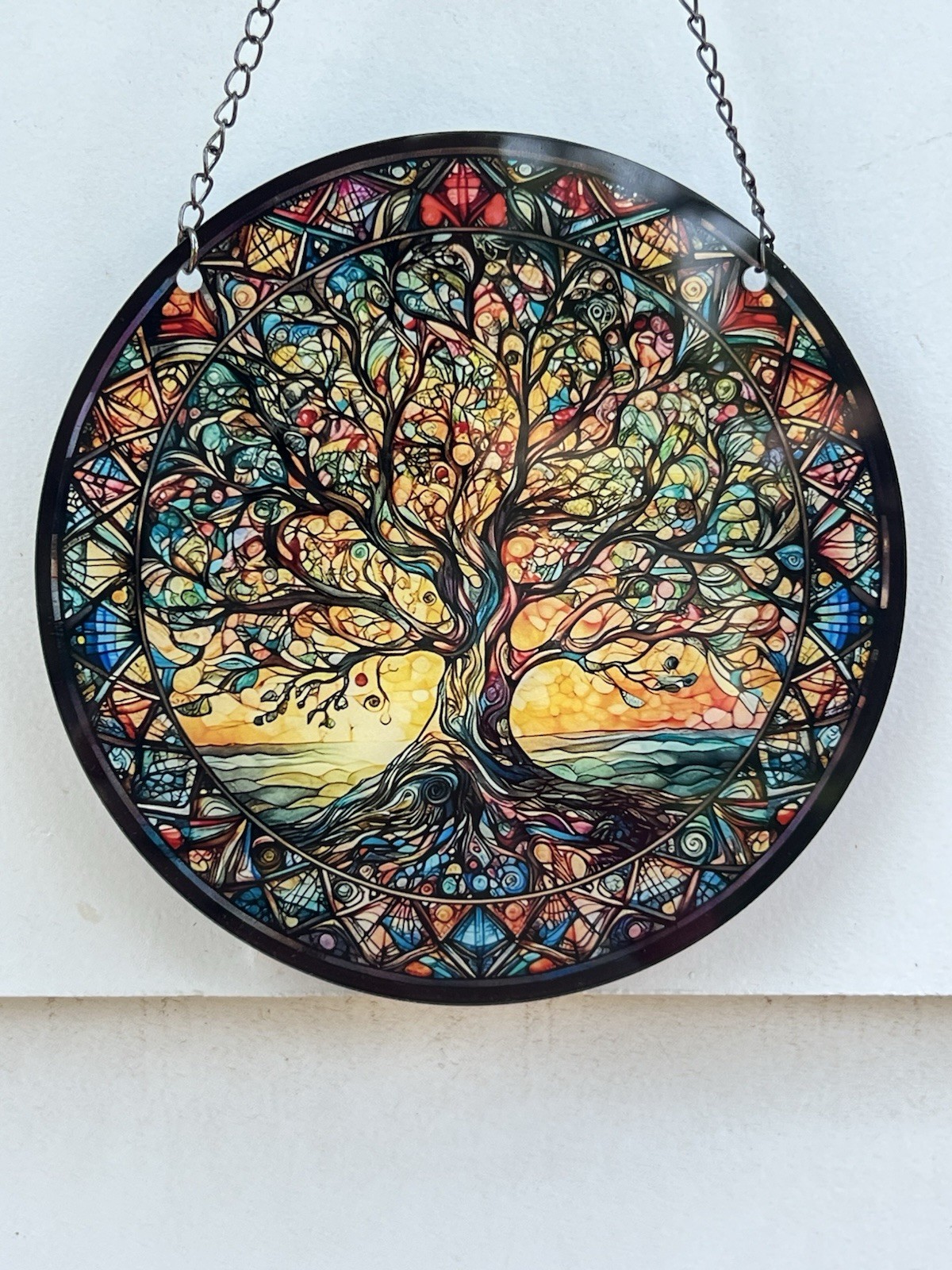 Round Tree of Life Stained Glass Style Multicolor Glass Hanging Suncatcher Chain
