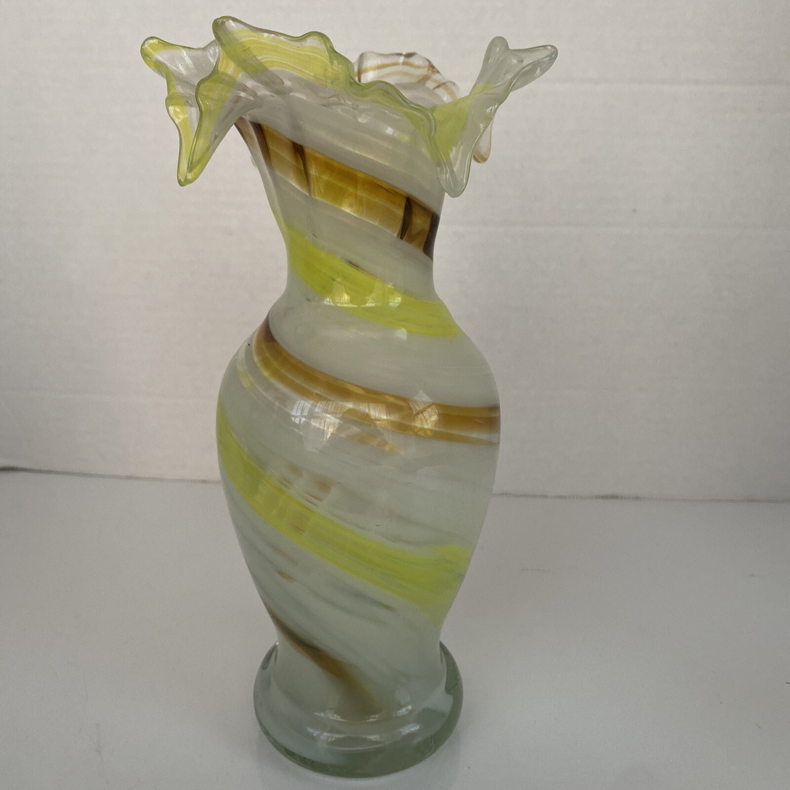 Vintage STAR Art Glass Hand Blown Vase Yellow Brown White Swirl Ruffled Top 11”