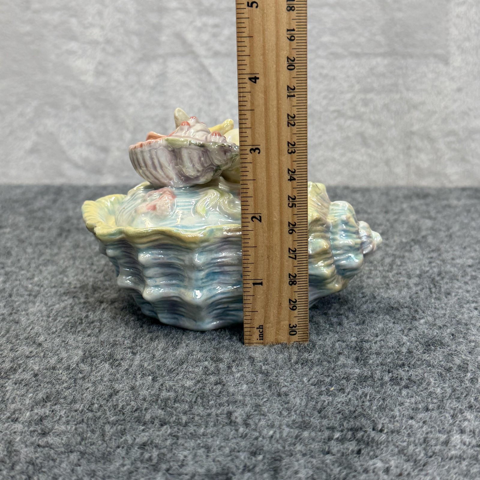 Porcelain Shell Trinket Box Lidded 5.5 In Pastel Colors Starfish Beach Coastal