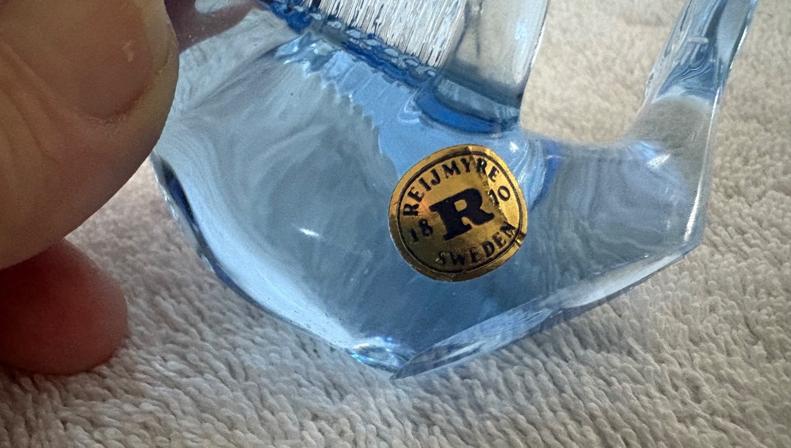 Hand Blown Glass Reijmyre Sweden Glass Chickadee Bird w/Label Blue Vintage