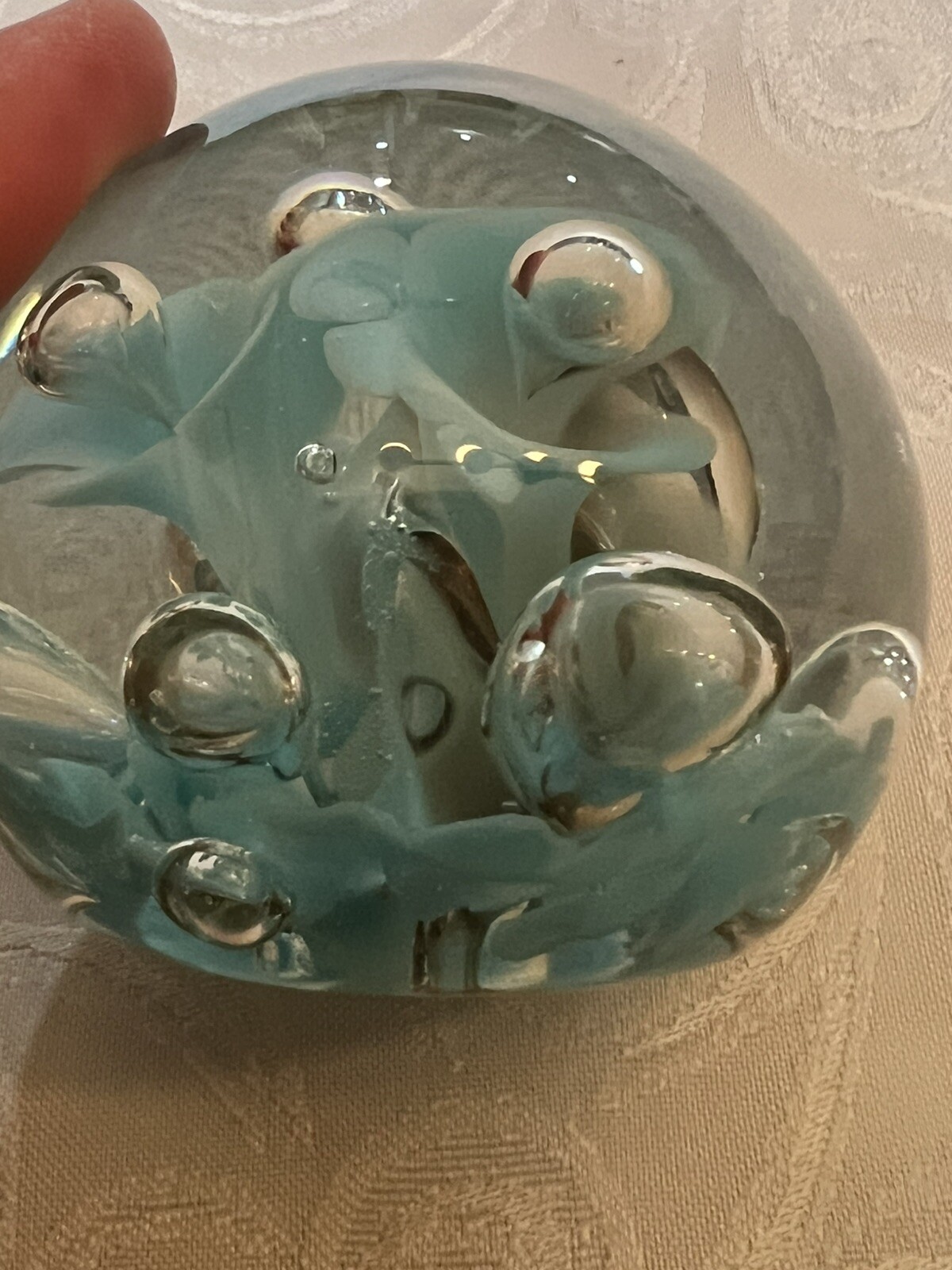 VTG JOE ST CLAIR Glass PAPERWEIGHT 3 1/4″ Signed Blue Floral Controlled Bubble