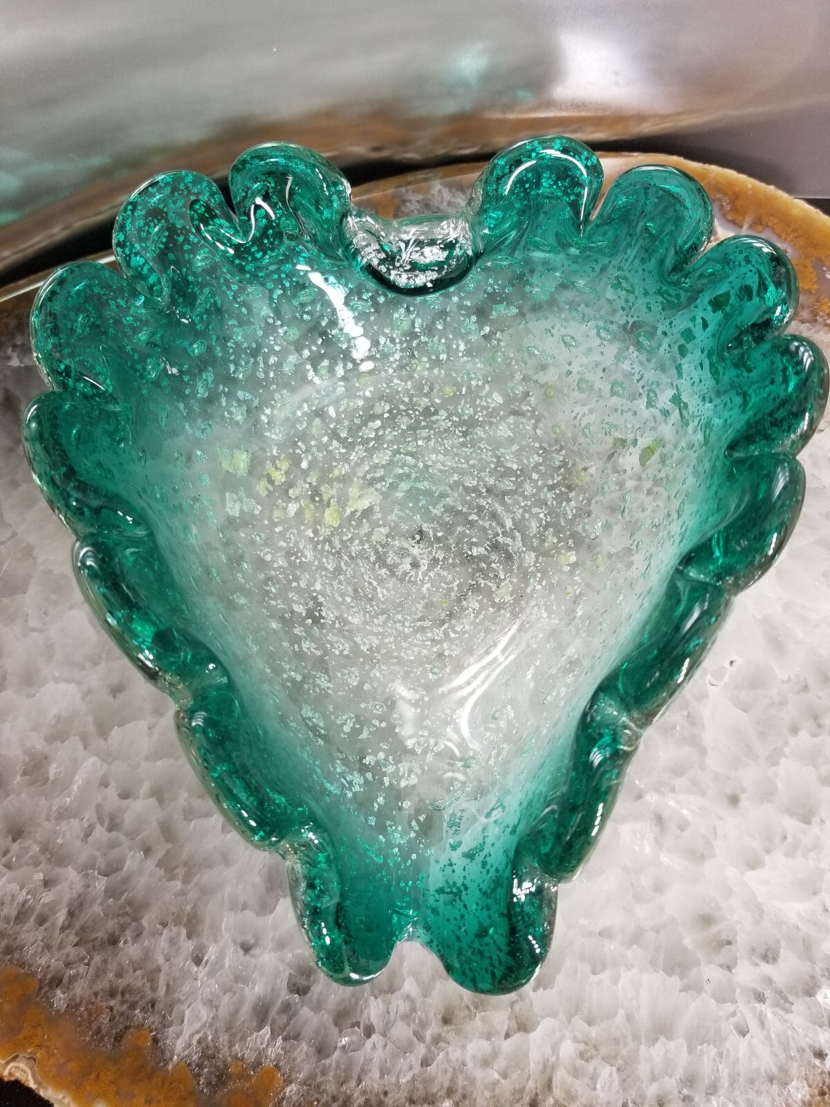 Vintage Murano Glass * Ashtray Bowl * Teal Blue * Silver Aventurine * 7″ * 0419