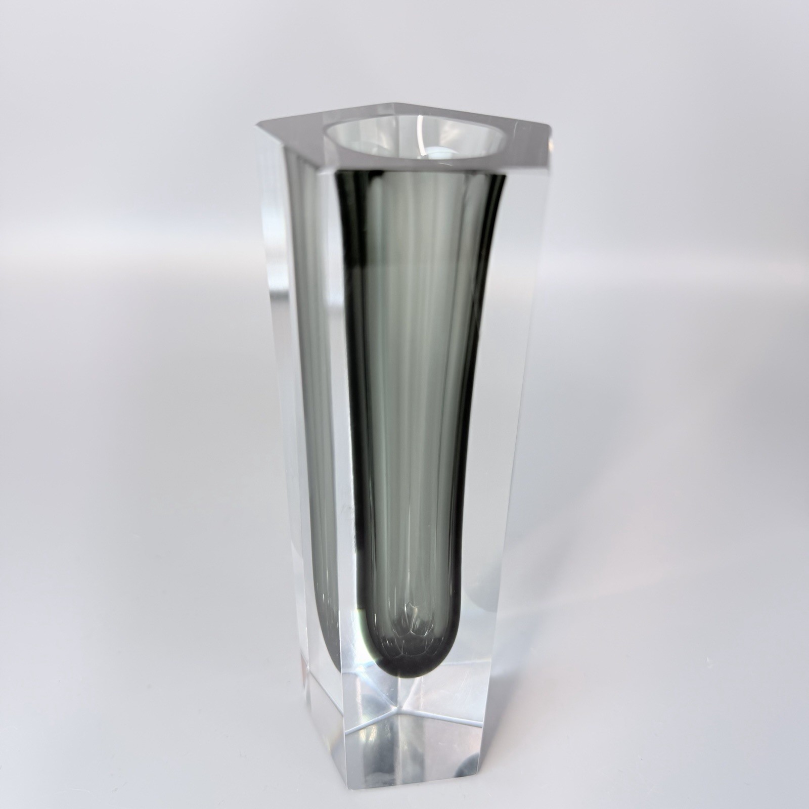 Murano Style Sommersso Art Glass Vase Heavy Clear Smoke Gray Faceted MCM