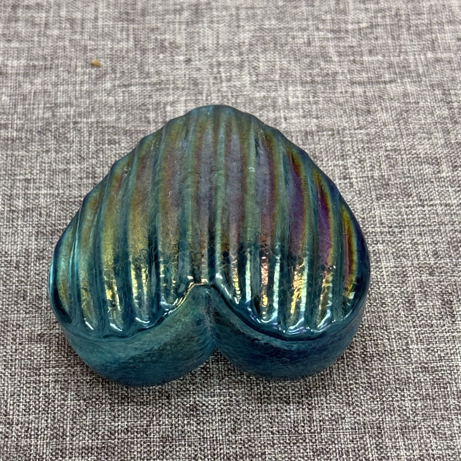 Robert Held Art Glass RHAG Blue Iridescent Striped Heart Paperweight 2.5”